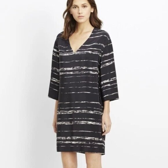 Vince Shadow Stripe Silk Dress Shift V-Neck 3/4 Sleeve Women's Sz S - Picture 1 of 12